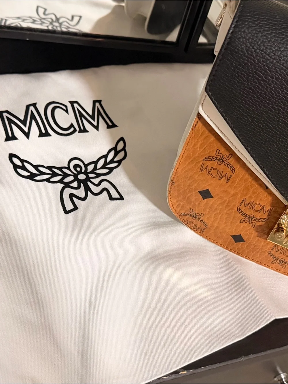 MCM Colorblock Visetos Crossbody in Cognac, Black & Cream